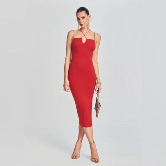 SER.O.YA Brogan Strappy Crisscross Midi Red Dress - Picture 1 of 9